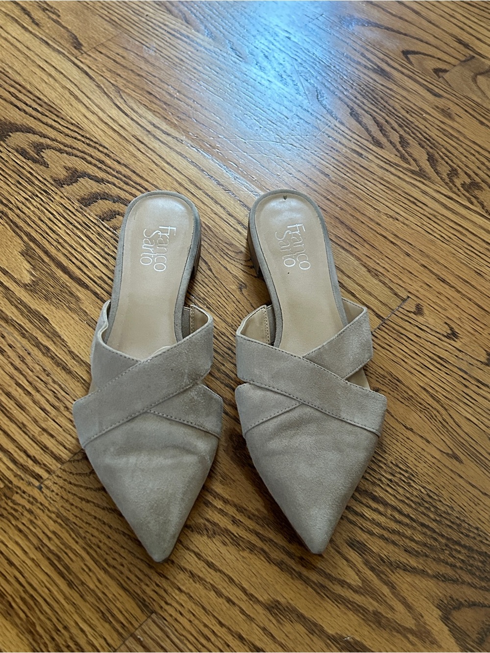 Franco Sarto Taupe Suede Pointed Crossover Mules